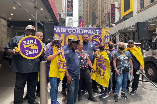 A photo of Broadway cleaners rallying for a new contract on June 21st on 44th Street